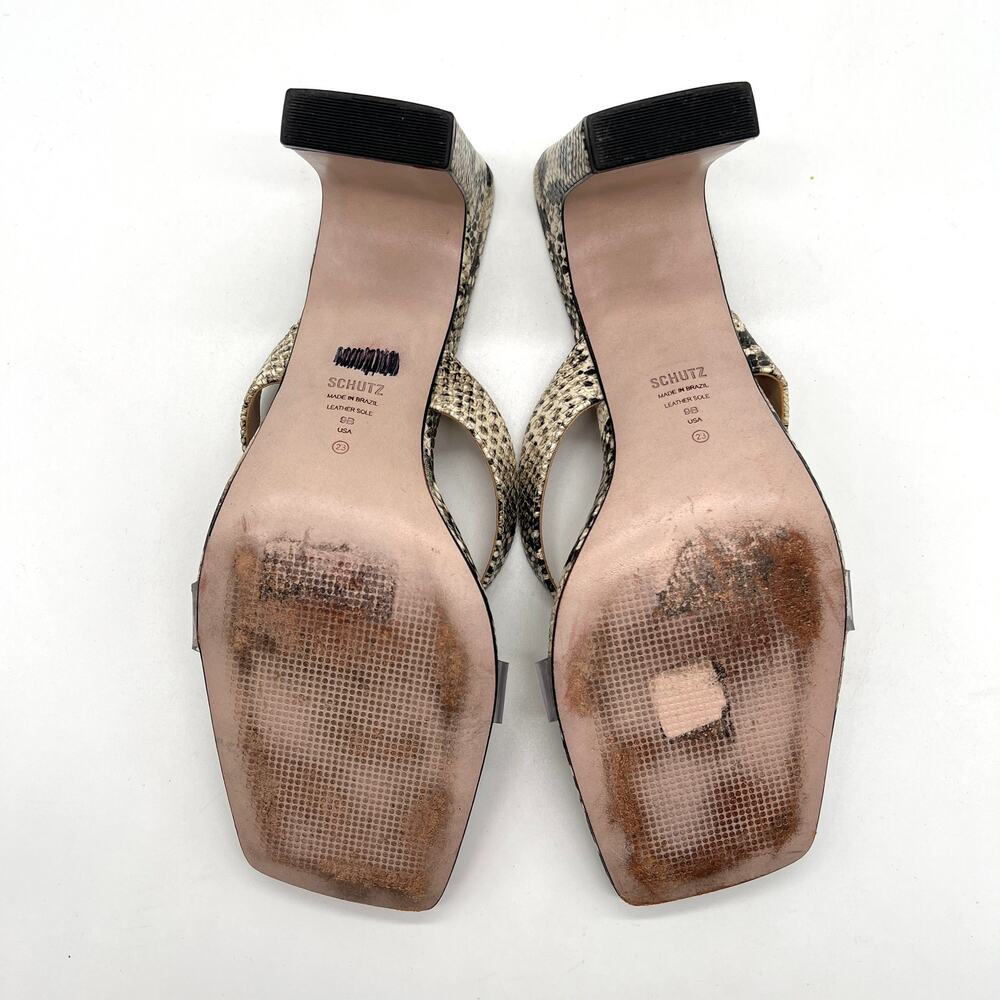 SCHUTZ Python Print leather Thong Sandal Women 9 Tan Black Square Toe Heel Snake - Picture 7 of 11
